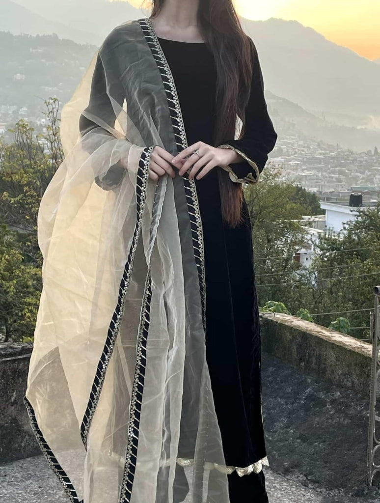 3-Piece Velvet Suit with Organza Dupatta