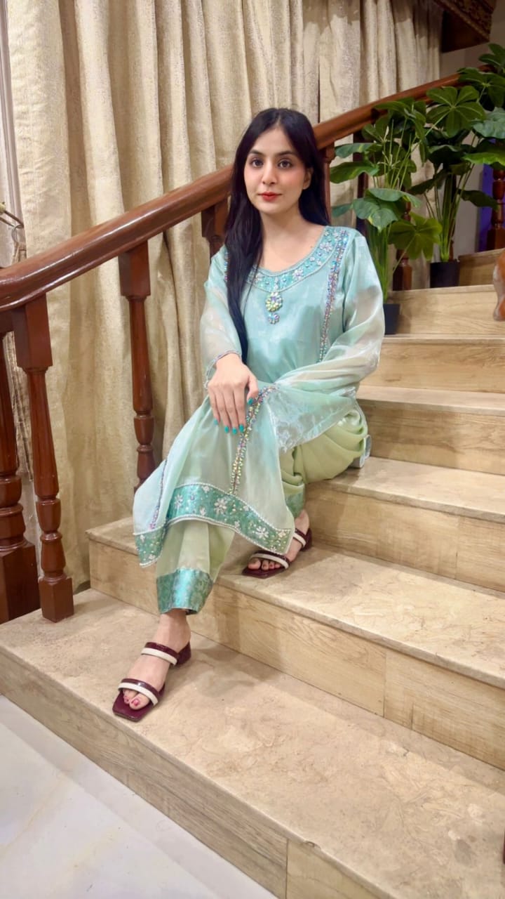 2-Piece Suit – Sheesha Silk with Appliqué Stone Work