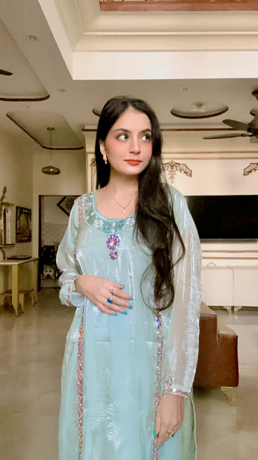 2-Piece Suit – Sheesha Silk with Appliqué Stone Work