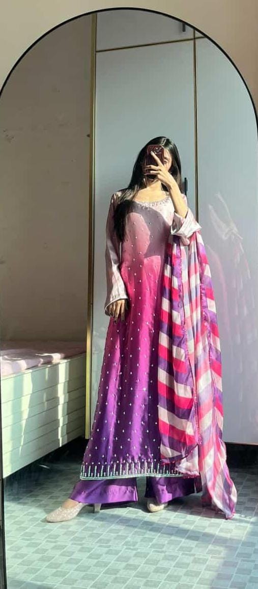 3-Piece Suit – 3-Shade Fade Fabric with Handmade Moez Stone Work