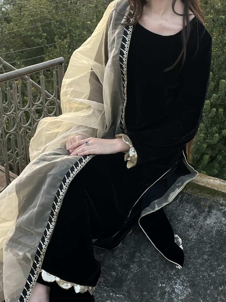 3-Piece Velvet Suit with Organza Dupatta